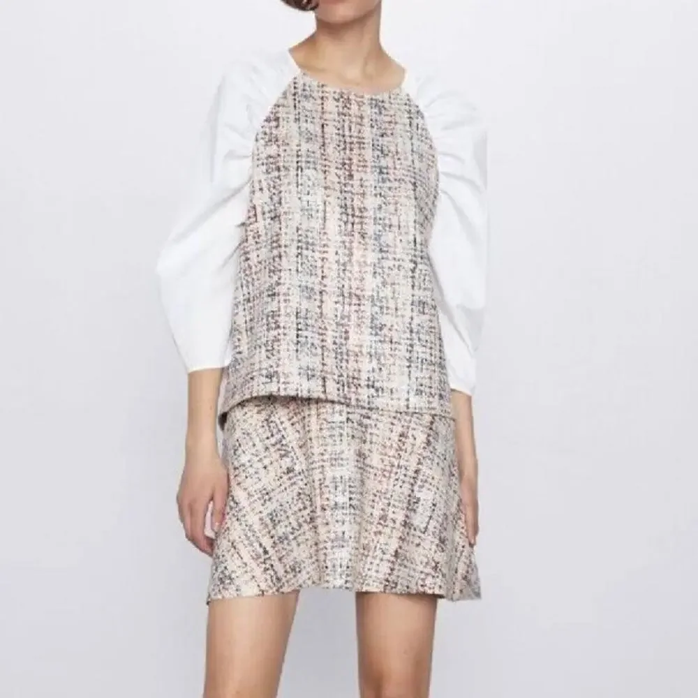 NWT Zara White Puff Sleeve Top striped check Small